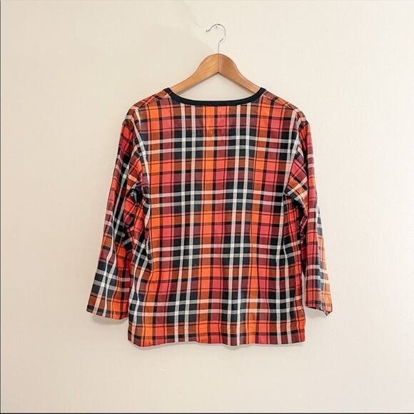 Margaret Howell Italian Cuffed Cotton Plaid Blouse in Red and Orange, size 8 - Picture 2 of 12